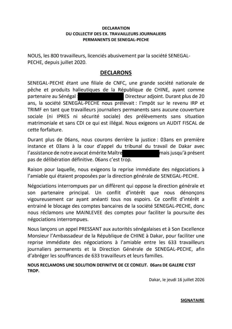 Déclaration dactylographiée du collectif des ex-travailleurs journaliers permanents de Sénégal Pêche, datée du 16 juillet 2026. Les patronymes y sont caviardés ; les fonctions restent lisibles.